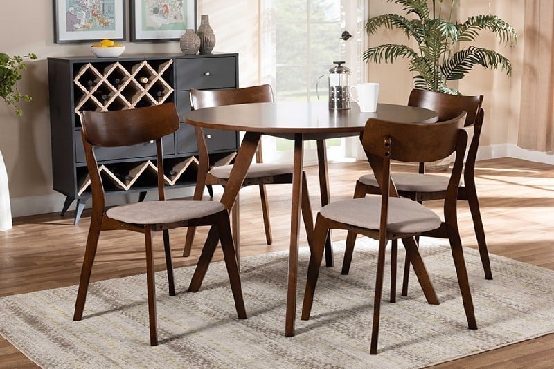 BAXTON STUDIO IORA/HEXA RIKA MID-CENTURY MODERN TRANSITIONAL FABRIC UPHOLSTERED AND WOOD FIVE PIECE DINING SET