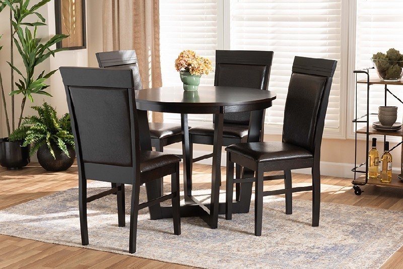 BAXTON STUDIO IRMA-DARK BROWN-5PC DINING SET IRMA MODERN AND CONTEMPORARY FAUX LEATHER UPHOLSTERED AND WOOD FIVE PIECE DINING SET - DARK BROWN