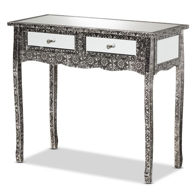 BAXTON STUDIO JY20B141-Silver-Console WYCLIFF 34 5/8 INCH INDUSTRIAL GLAM AND LUXE METAL AND MIRRORED GLASS 2-DRAWER CONSOLE TABLE - SILVER