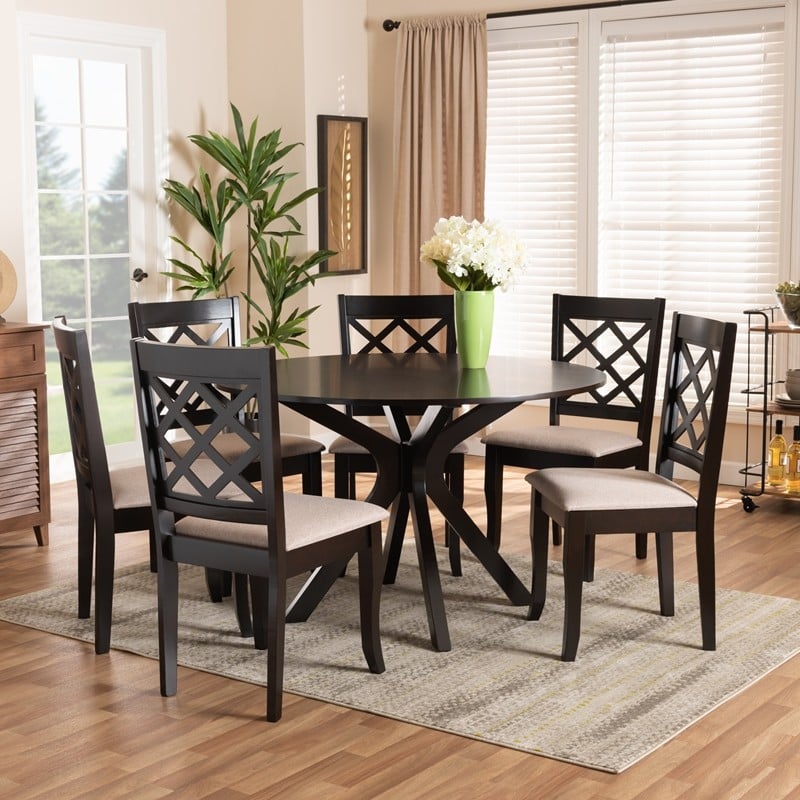 BAXTON STUDIO JANA-SAND/DARK BROWN-7PC DINING SET JANA MODERN AND CONTEMPORARY FABRIC UPHOLSTERED AND WOOD 7-PIECE DINING SET - SAND AND DARK BROWN