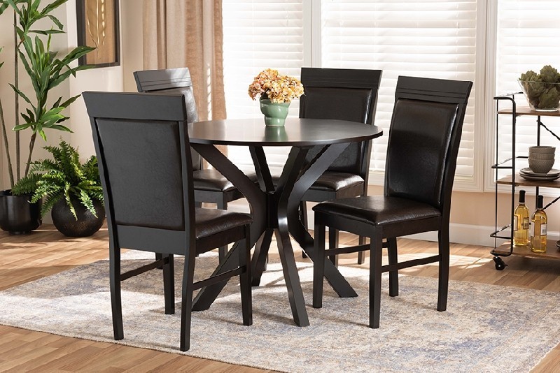 BAXTON STUDIO JEANE-DARK BROWN-5PC DINING SET JEANE MODERN AND CONTEMPORARY FAUX LEATHER UPHOLSTERED AND WOOD FIVE PIECE DINING SET - DARK BROWN