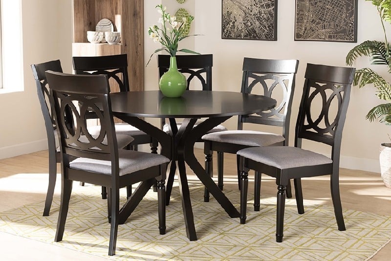 BAXTON STUDIO JESSIE MODERN AND CONTEMPORARY FABRIC UPHOLSTERED AND WOOD SEVEN PIECE DINING SET