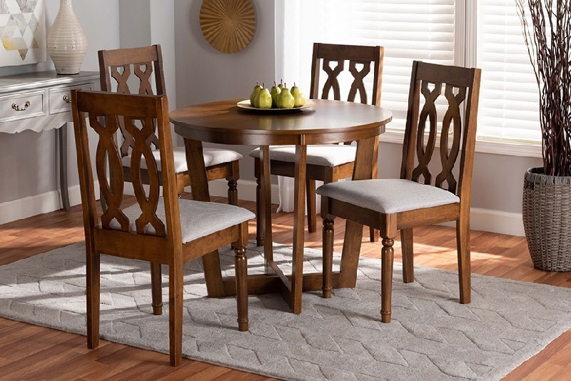BAXTON STUDIO JULIE-GREY/WALNUT-5PC DINING SET JULIE MODERN AND CONTEMPORARY FABRIC UPHOLSTERED AND WOOD FIVE PIECE DINING SET - WALNUT BROWN AND GREY
