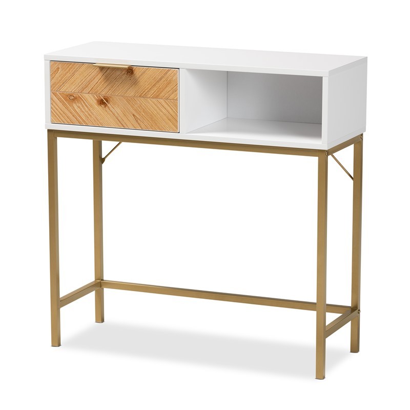 BAXTON STUDIO LC21020902-White/Gold-Console Table GIONA 31 1/2 INCH MODERN AND CONTEMPORARY TWO-TONE AND WOOD AND GOLD METAL 1-DRAWER CONSOLE TABLE - OAK BROWN AND WHITE