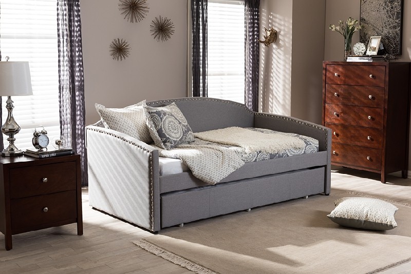 BAXTON STUDIO LANNY-GREY-DAYBED LANNY 83 1/4 INCH MODERN AND CONTEMPORARY FABRIC NAIL HEADS TRIMMED ARCHED BACK SOFA TWIN DAYBED WITH ROLL-OUT TRUNDLE GUEST BED - GREY