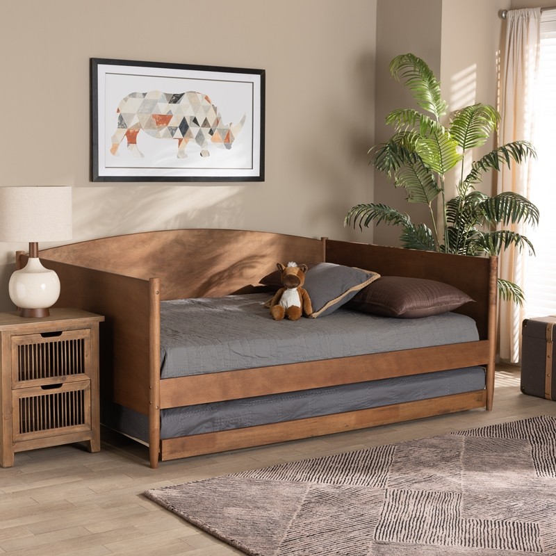 BAXTON STUDIO MG0016-ASH WALNUT-FULL DAYBED WITH TRUNDLE VELES 78 1/4 INCH MID-CENTURY MODERN WOOD FULL SIZE DAYBED WITH TRUNDLE - ASH WALNUT