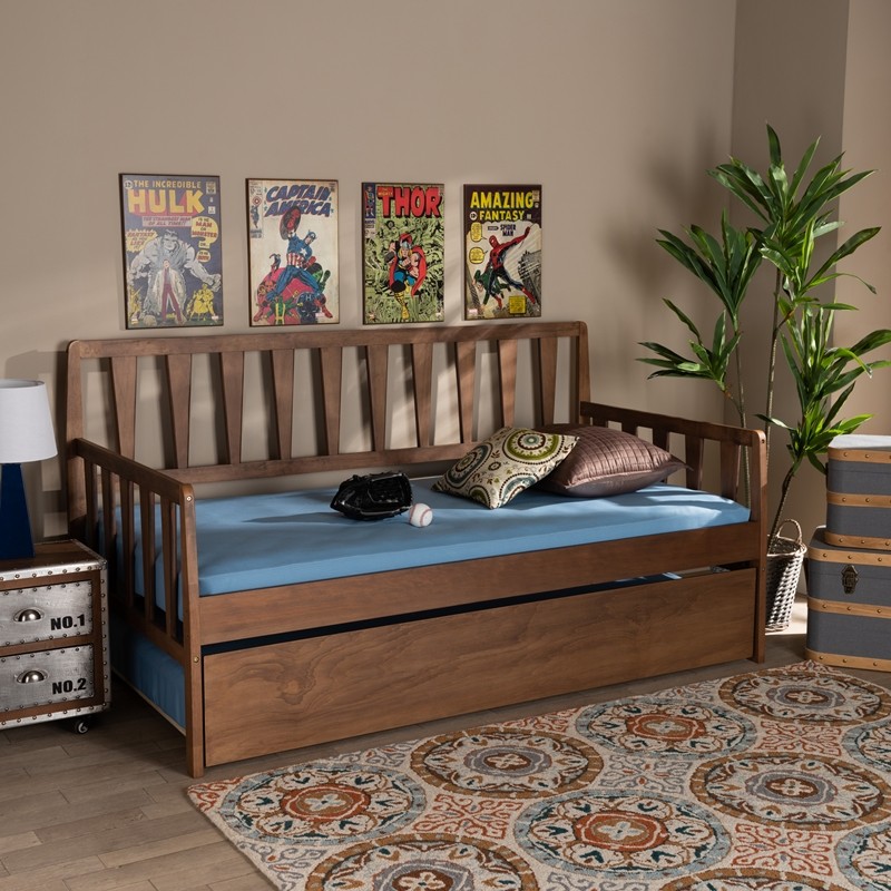 BAXTON STUDIO MG0046-1-WALNUT-DAYBED WITH TRUNDLE MIDORI 79 1/8 INCH MODERN AND CONTEMPORARY TRANSITIONAL WOOD TWIN SIZE DAYBED WITH ROLL-OUT TRUNDLE BED - WALNUT BROWN