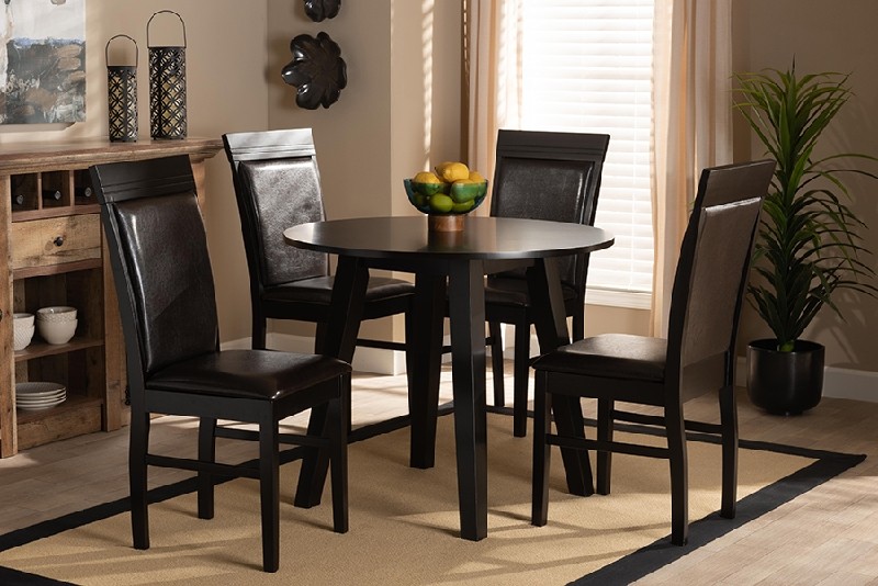 BAXTON STUDIO MIYA-DARK BROWN-5PC DINING SET MIYA MODERN AND CONTEMPORARY FAUX LEATHER UPHOLSTERED AND WOOD WITH FIVE PIECE DINING SET - DARK BROWN