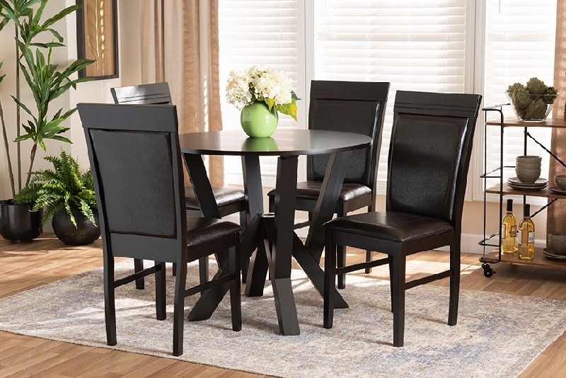 BAXTON STUDIO NADA-DARK BROWN-5PC DINING SET NADA MODERN AND CONTEMPORARY FAUX LEATHER UPHOLSTERED AND WOOD FIVE PIECE DINING SET - DARK BROWN
