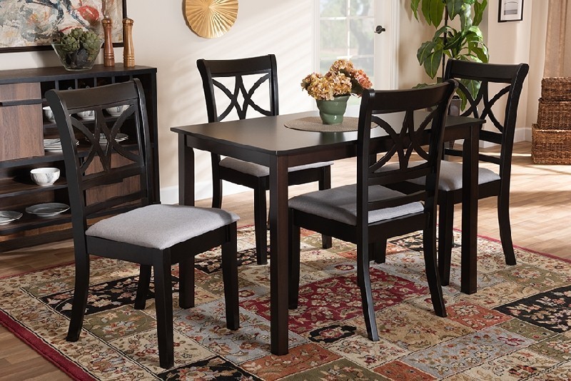 BAXTON STUDIO RH329C CLARKE MODERN AND CONTEMPORARY FABRIC UPHOLSTERED AND WOOD FIVE PIECE DINING SET