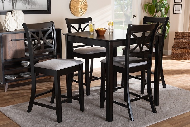 BAXTON STUDIO RH329P CHANDLER MODERN AND CONTEMPORARY FABRIC UPHOLSTERED AND WOOD FIVE PIECE COUNTER HEIGHT PUB DINING SET