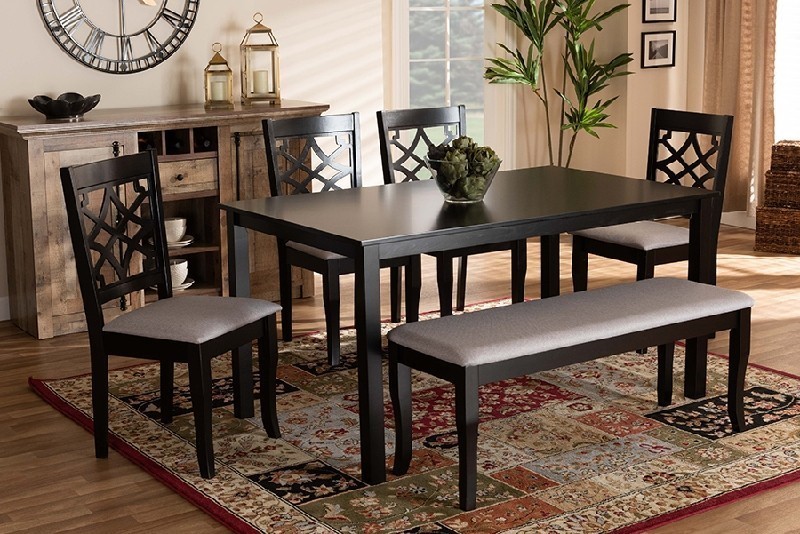 BAXTON STUDIO RH331C-6PC DORI MODERN AND CONTEMPORARY FABRIC UPHOLSTERED AND WOOD SIX PIECE DINING SET