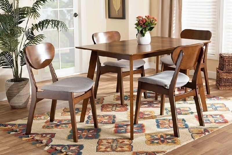 BAXTON STUDIO RH378C KATYA MID-CENTURY MODERN FABRIC UPHOLSTERED AND WOOD FIVE PIECE DINING SET