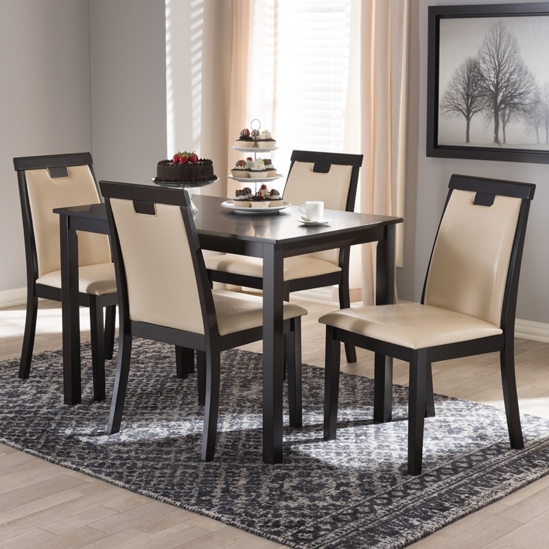 BAXTON STUDIO RH5998C-DARK BROWN/BEIGE DINING SET EVELYN MODERN AND CONTEMPORARY FAUX LEATHER UPHOLSTERED AND FINISHED 5-PIECE DINING SET - BEIGE AND DARK BROWN