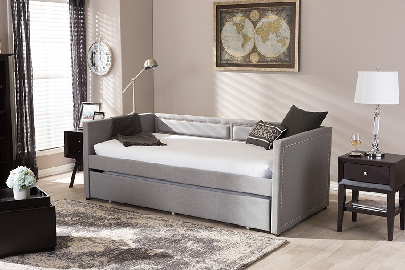 BAXTON STUDIO RAYMOND-GREY-DAYBED RAYMOND 83 1/4 INCH MODERN AND CONTEMPORARY FABRIC NAIL HEADS TRIMMED SOFA TWIN DAYBED WITH ROLL-OUT TRUNDLE GUEST BED - GREY