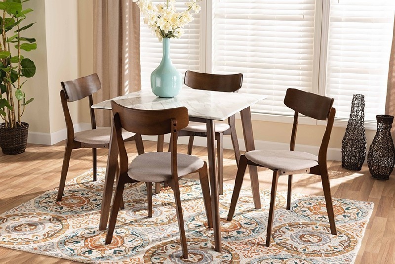 BAXTON STUDIO REBA MID-CENTURY MODERN FABRIC UPHOLSTERED AND WOOD FIVE PIECE DINING SET WITH FAUX MARBLE DINING TABLE