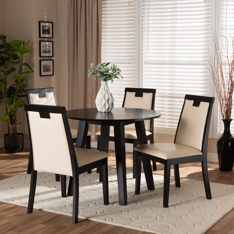 BAXTON STUDIO RYAN-DARK BROWN/BEIGE-5PC DINING SET RYAN MODERN AND CONTEMPORARY FAUX LEATHER UPHOLSTERED AND WOOD 5-PIECE DINING SET - BEIGE AND DARK BROWN