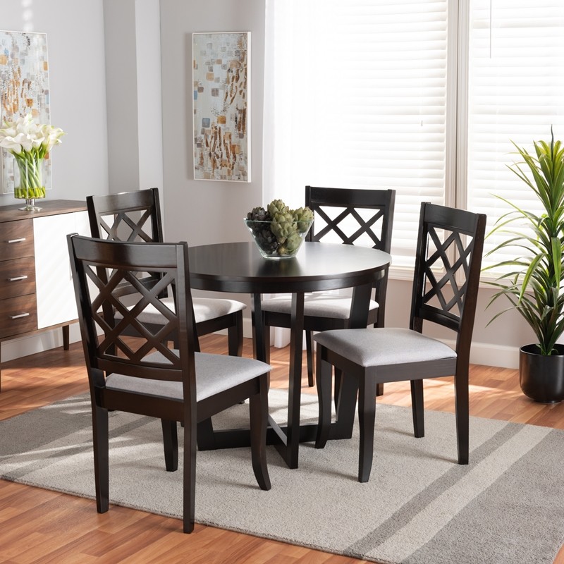 BAXTON STUDIO SELBY-GREY/DARK BROWN-5PC DINING SET SELBY MODERN AND CONTEMPORARY FABRIC UPHOLSTERED AND WOOD 5-PIECE DINING SET - GREY AND DARK BROWN