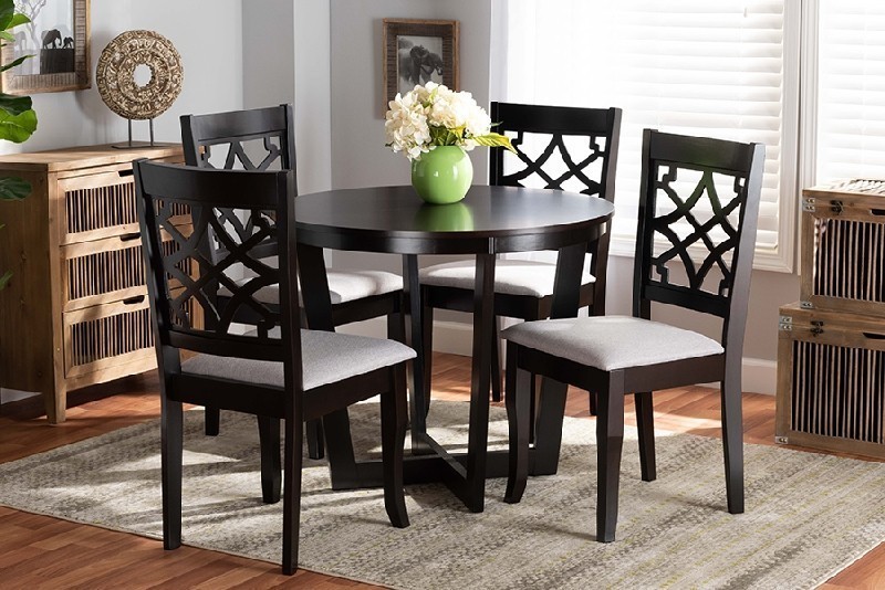 BAXTON STUDIO TRICIA MODERN AND CONTEMPORARY FABRIC UPHOLSTERED AND WOOD FIVE PIECE DINING SET