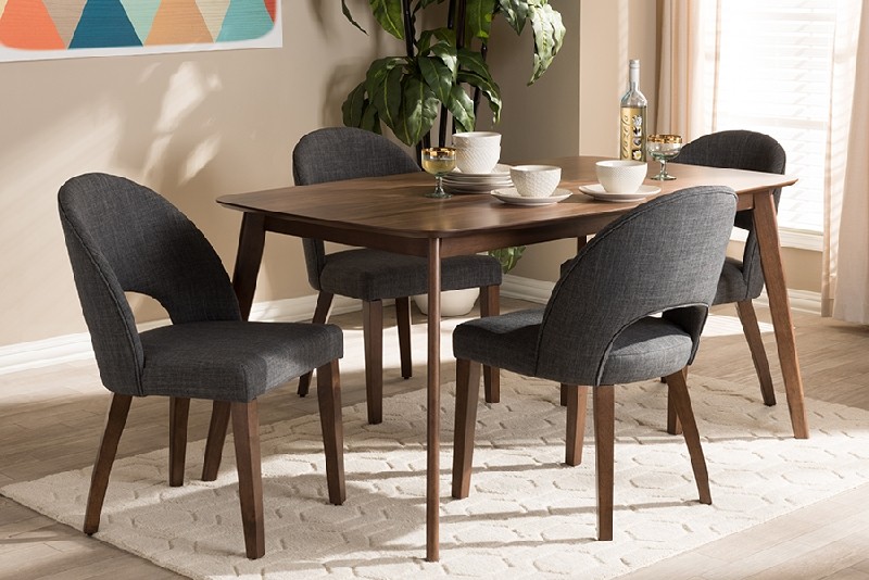 BAXTON STUDIO WESLEY MID-CENTURY MODERN FABRIC UPHOLSTERED AND WOOD FIVE PIECE DINING SET