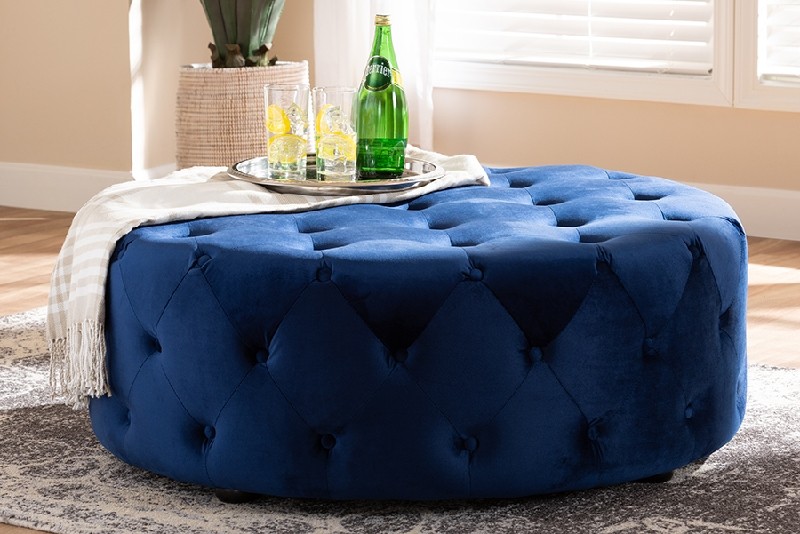 BAXTON STUDIO 501-ROYAL BLUE-OTTO CARDIFF 42 INCH TRANSITIONAL ROYAL FABRIC UPHOLSTERED BUTTON TUFTED COCKTAIL OTTOMAN - ROYAL BLUE