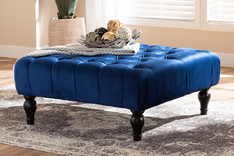 BAXTON STUDIO 502-ROYAL BLUE-OTTO KESWICK 35 1/4 INCH TRANSITIONAL FABRIC UPHOLSTERED BUTTON TUFTED COCKTAIL OTTOMAN - ROYAL BLUE
