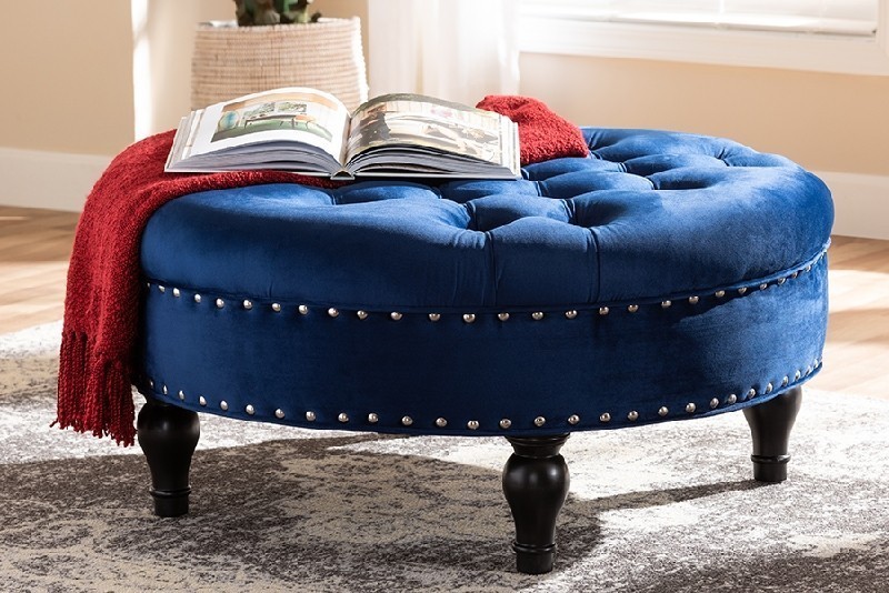BAXTON STUDIO 531-ROYAL BLUE-OTTO PALFREY 35 1/4 INCH TRANSITIONAL FABRIC UPHOLSTERED BUTTON TUFTED COCKTAIL OTTOMAN - ROYAL BLUE