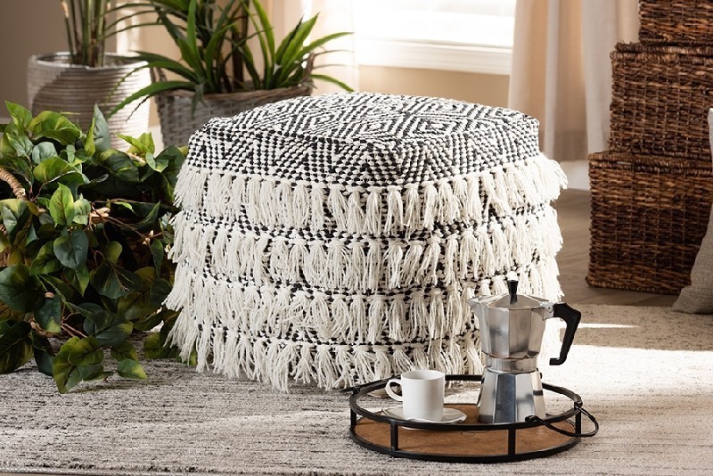 BAXTON STUDIO ALAIN-BLACK/IVORY-POUF ALAIN 15 3/4 INCH MOROCCAN INSPIRED AND HANDWOVEN WOOL TASSEL POUF OTTOMAN - BLACK AND IVORY