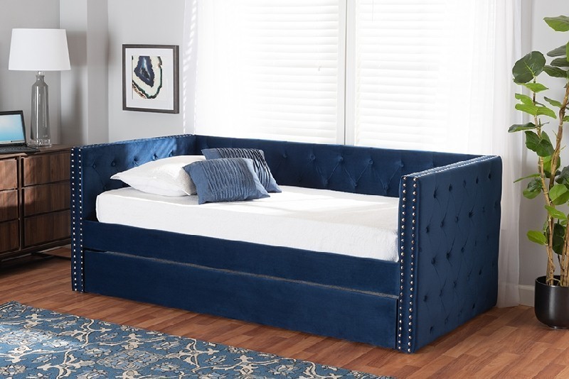 BAXTON STUDIO CF9227-T/T LARKIN 82 1/2 INCH MODERN AND CONTEMPORARY VELVET FABRIC UPHOLSTERED TWIN SIZE DAYBED WITH TRUNDLE
