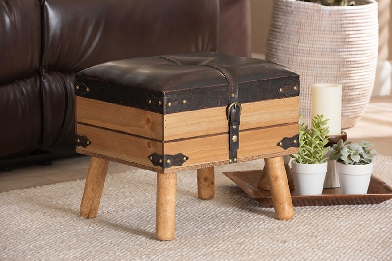 BAXTON STUDIO DE03A-5282-BROWN-OTTO-SMALL AMENA 15 3/4 INCH RUSTIC TRANSITIONAL POLYURETHANE LEATHER UPHOLSTERED AND WOOD SMALL STORAGE OTTOMAN - DARK BROWN AND OAK