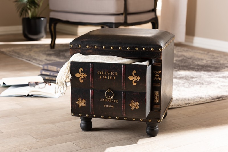 BAXTON STUDIO HY2A487-BLACK-OTTO CHARLIER 15 3/4 INCH RUSTIC ANTIQUE INSPIRED FAUX LEATHER UPHOLSTERED WOOD STORAGE OTTOMAN WITH BOOK SPINE DRAWER - DARK BROWN