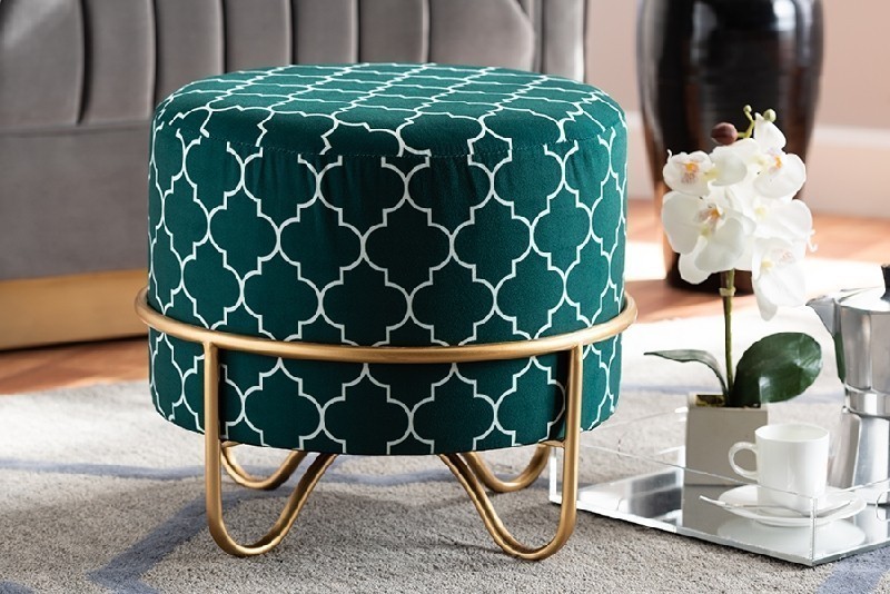BAXTON STUDIO JY19A25 CANDICE 16 1/2 INCH GLAM AND LUXE QUATREFOIL VELVET FABRIC UPHOLSTERED METAL OTTOMAN - TEAL GREEN AND GOLD