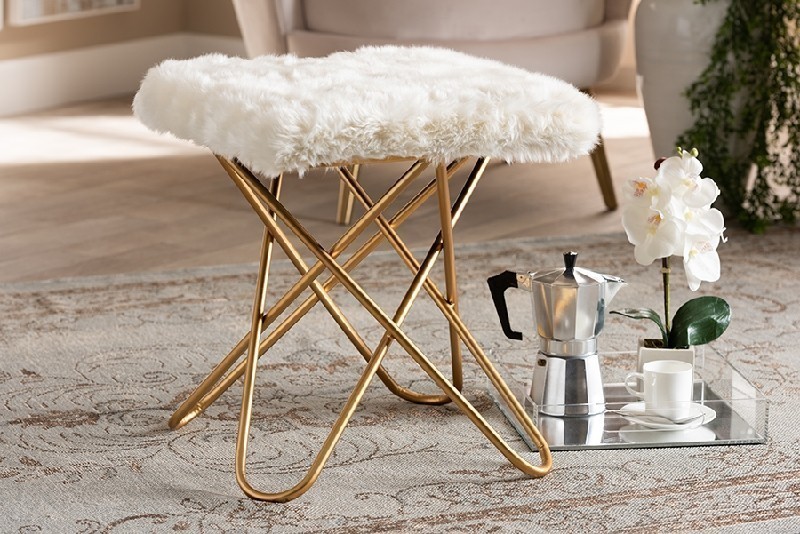BAXTON STUDIO JY19A262-WHITE/GOLD-OTTO VALLE 15 3/4 INCH GLAM AND LUXE FAUX FUR UPHOLSTERED METAL OTTOMAN - WHITE AND GOLD