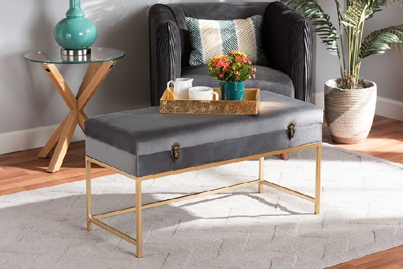 BAXTON STUDIO JY19B-051L ALIANA 35 3/8 INCH GLAM AND LUXE VELVET FABRIC UPHOLSTERED AND METAL LARGE STORAGE OTTOMAN