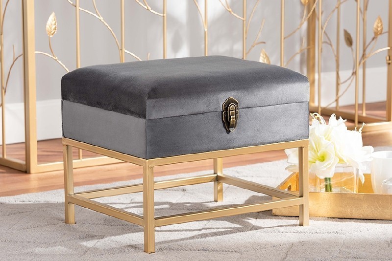 BAXTON STUDIO JY19B-051S ALIANA 15 3/4 INCH GLAM AND LUXE VELVET FABRIC UPHOLSTERED AND METAL SMALL STORAGE OTTOMAN