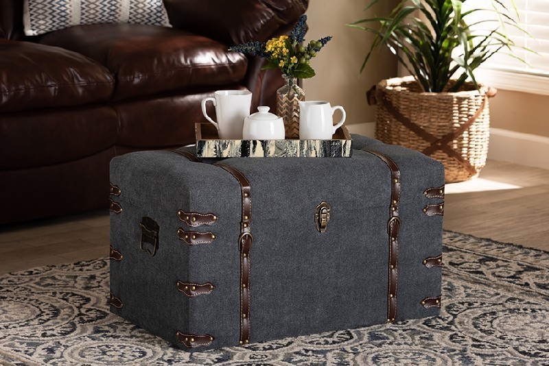 BAXTON STUDIO JY20A10L-GREY-TRUNK OTTO PALMA 26 3/4 INCH MODERN AND CONTEMPORARY TRANSITIONAL FABRIC UPHOLSTERED STORAGE TRUNK OTTOMAN - GREY AND BROWN