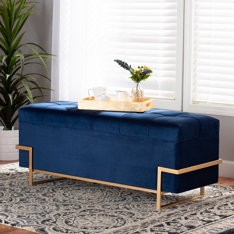 BAXTON STUDIO JY20A122L-NAVY BLUE/GOLD-STORAGE OTTO PARKER 48 INCH GLAM AND LUXE VELVET UPHOLSTERED AND METAL FINISHED STORAGE OTTOMAN - NAVY BLUE AND GOLD
