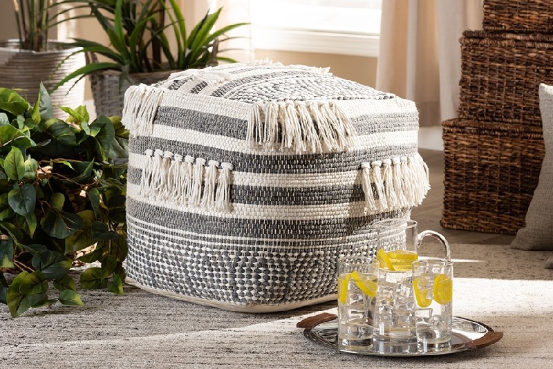 BAXTON STUDIO KIRBY-IVORY/GREY-POUF KIRBY 15 3/4 INCH MOROCCAN INSPIRED HANDWOVEN COTTON POUF OTTOMAN - GREY AND IVORY
