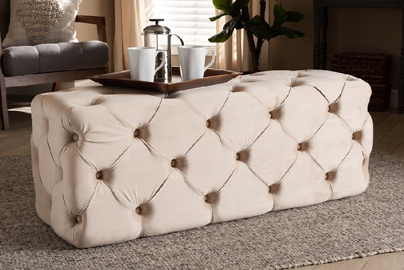 BAXTON STUDIO LD19A119-1-BEIGE VELVET-OTTO JASMINE 44 1/8 INCH MODERN CONTEMPORARY GLAM AND LUXE VELVET FABRIC UPHOLSTERED BUTTON TUFTED BENCH OTTOMAN - BEIGE