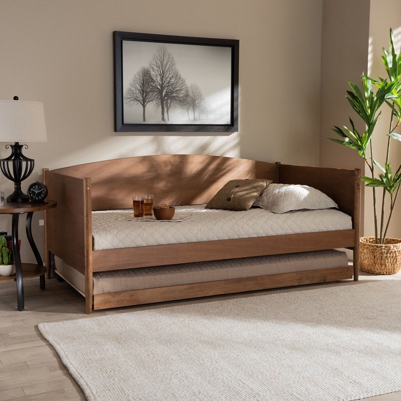 BAXTON STUDIO MG0016-ASH WALNUT-DAYBED WITH TRUNDLE VELES 78 1/4 INCH MID-CENTURY MODERN WOOD DAYBED WITH TRUNDLE - ASH WALNUT