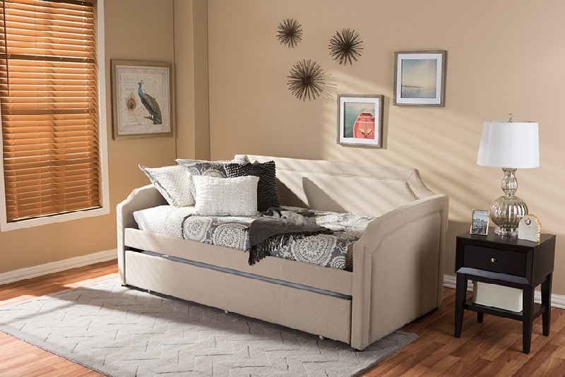 BAXTON STUDIO PARKSON 83 1/4 INCH MODERN AND CONTEMPORARY LINEN AND FABRIC CURVED NOTCHED CORNERS SOFA TWIN DAYBED WITH ROLL-OUT TRUNDLE GUEST BED