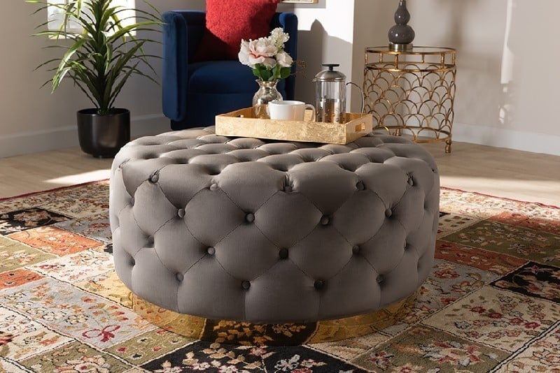 BAXTON STUDIO TSF-6689 SASHA 35 3/8 INCH GLAM AND LUXE VELVET FABRIC UPHOLSTERED ROUND COCKTAIL OTTOMAN