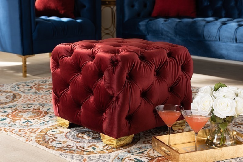 BAXTON STUDIO TSFOT029 AVARA 20 7/8 INCH GLAM AND LUXE BURGUNDY VELVET FABRIC UPHOLSTERED BUTTON-TUFTED OTTOMAN
