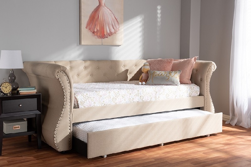 BAXTON STUDIO WA5018 CHERINE 94 1/2 INCH CLASSIC AND CONTEMPORARY FABRIC UPHOLSTERED DAYBED WITH TRUNDLE
