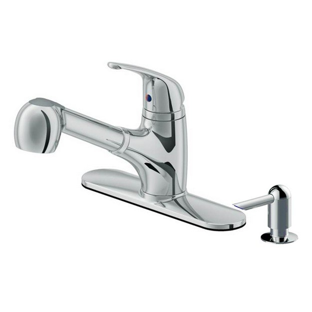 CAHABA CA6110CP SINGLE HANDLE LOW PROFILE PULL-OUT KITCHEN FAUCET WITH SOAP DISPENSER IN POLISHED CHROME