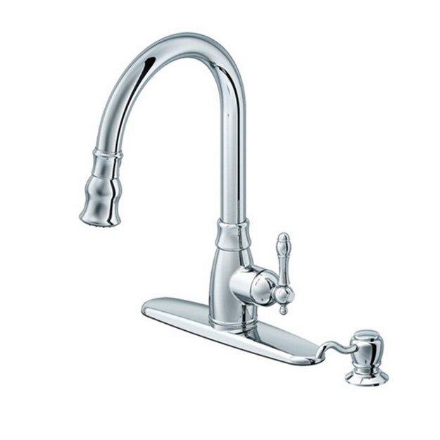CAHABA CA6111CP SINGLE HANDLE TRADITIONAL PULL-DOWN KITCHEN FAUCET WITH SOAP DISPENSER IN POLISHED CHROME