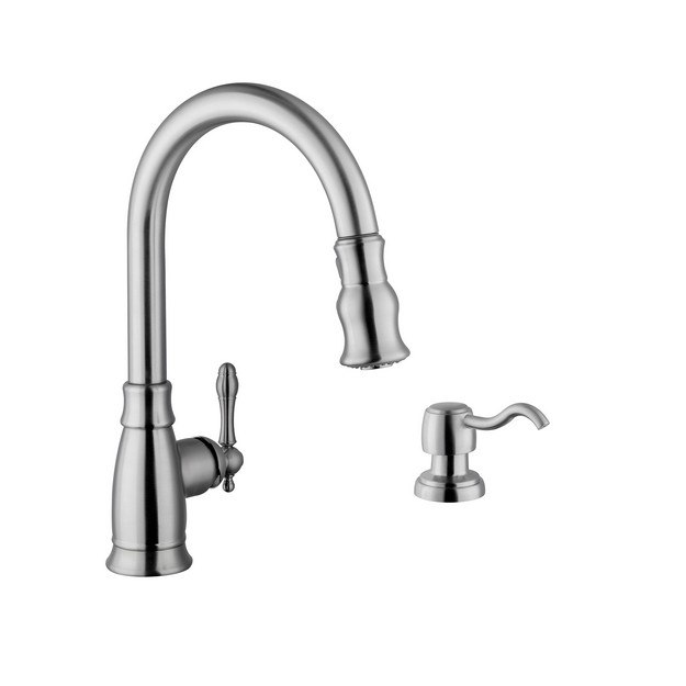 CAHABA CA6111SS SINGLE HANDLE TRADITIONAL PULL-DOWN KITCHEN FAUCET WITH SOAP DISPENSER IN BRUSHED NICKEL