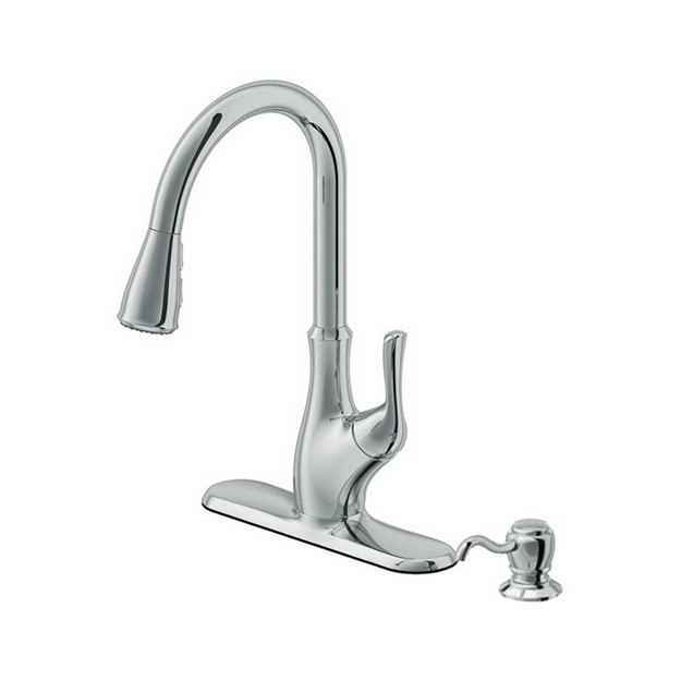 CAHABA CA6112CP SINGLE HANDLE TRANSITIONAL PULL-DOWN KITCHEN FAUCET WITH SOAP DISPENSER IN POLISHED CHROME