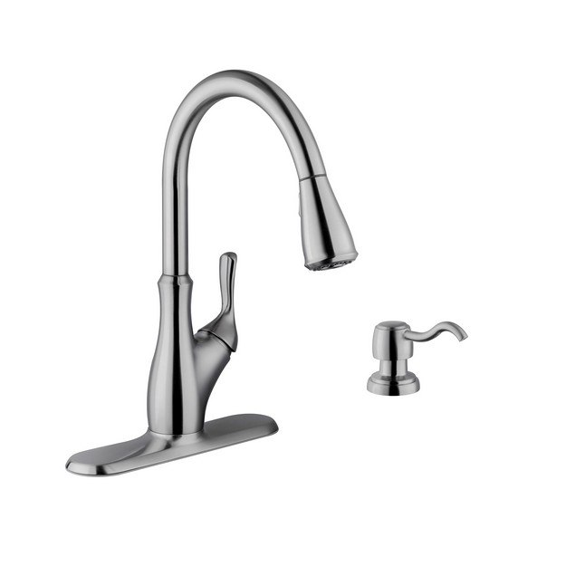 CAHABA CA6112SS SINGLE HANDLE TRANSITIONAL PULL-DOWN KITCHEN FAUCET WITH SOAP DISPENSER IN BRUSHED NICKEL
