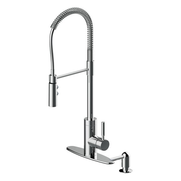CAHABA CA6113CP SINGLE HANDLE INDUSTRIAL PULL-DOWN KITCHEN FAUCET WITH SOAP DISPENSER IN POLISHED CHROME